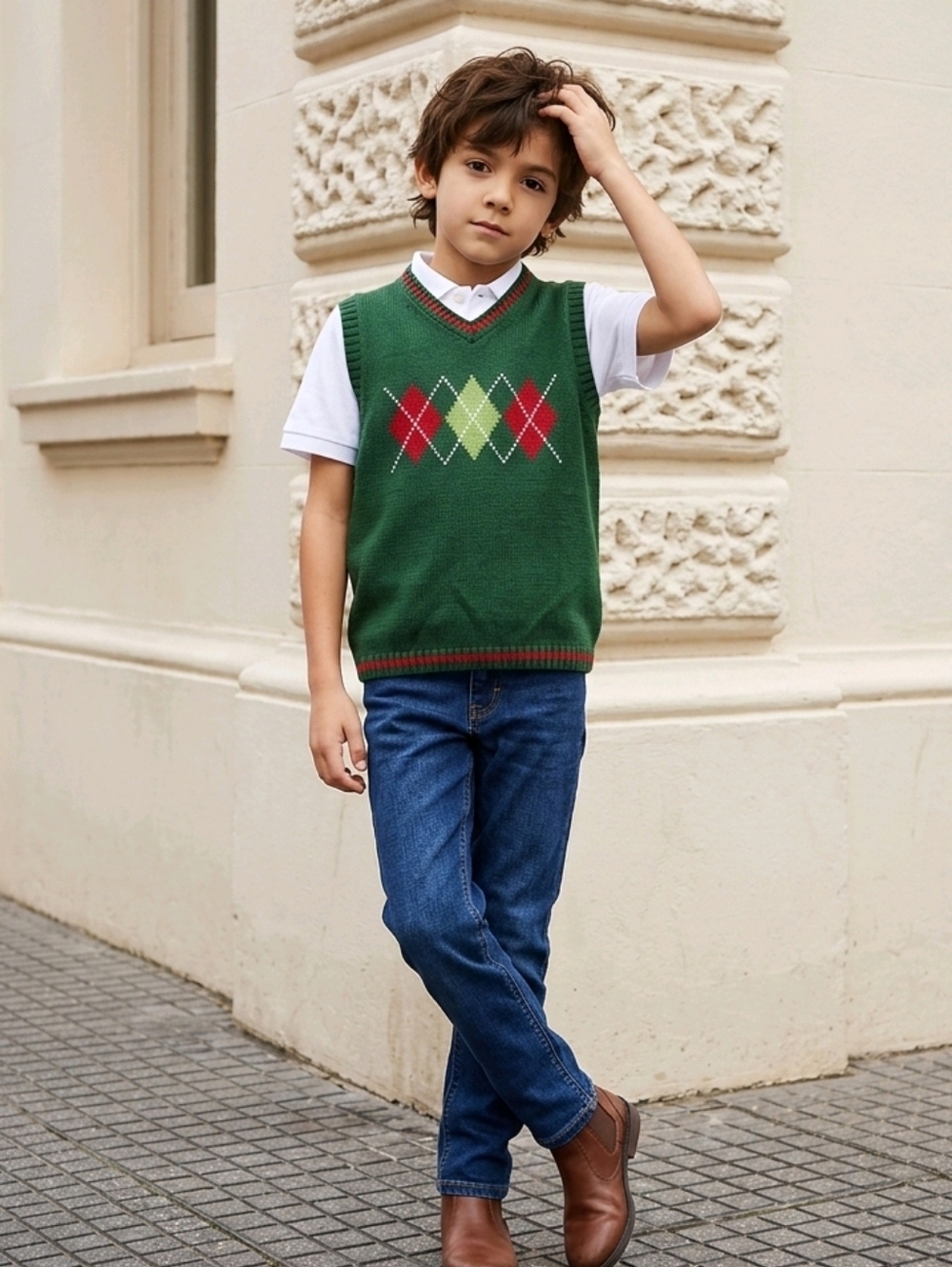 Little Boys Argyle Sweater Vest Green Sleeveless V-neck Nice Grandpa Preppy